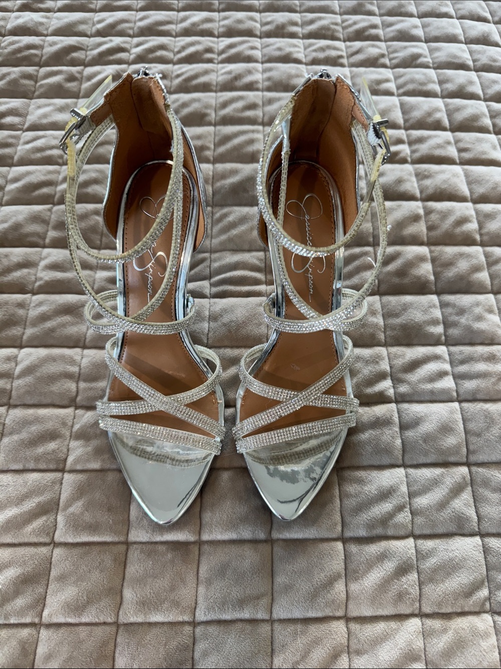 Jessica Simpson Silver Crystal-Strap Pointed Toe Heels